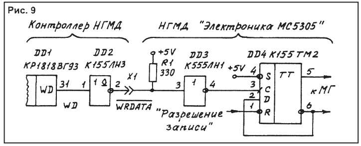 Схема фармавання сігналу запісу ў кантролеры дыскавода кампутара «Балтык»