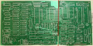Красным цветом проведена линия, условно разделяющая плату компьютера на две части. Слева - сам компьютер. Справа - контроллер дисковода